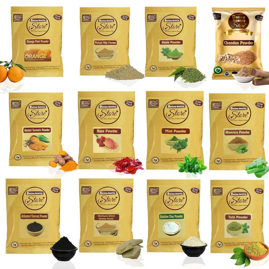 Online Quality Store Combo of 12 Skin Care Products ,(Multani Mitti, Neem, Orange Peel, Rose, Chandan, Charcoal, Mitti Stone, Kaolin Clay, Mint, Haldi,Alovera, Tulsi Powders) |skin care products combo,(Pack of 12 ,50g each ,Total 600 Pack)