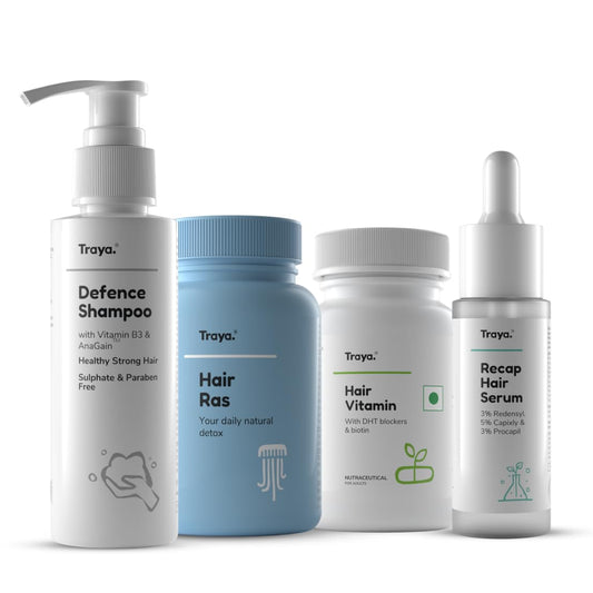 Traya Hair Growth Kit, Contains Hair Ras + Hair Vitamins + Recap Serum + Defence Shampoo