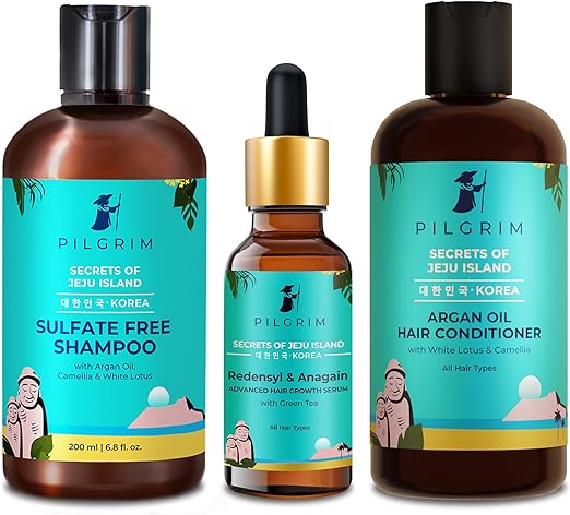 Pilgrim Korean Advanced Hair Growth Regime | Redensyl 3% & Anagain 4% Hair Serum 50ml,Sulphate-Free Shampoo 200ml & Hair Conditioner 200ml