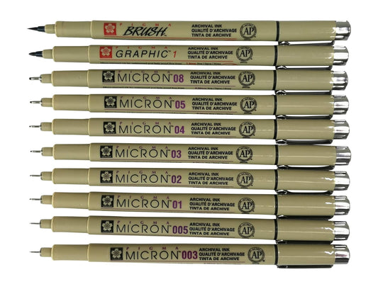 Sakura Pigma Micron 10 Fineliner pens Black Archival Ink Artist Drawing Sketch pens (003, 005, 01, 02, 03, 04, 05, 08), Graphic 1 & Brush Pen Set