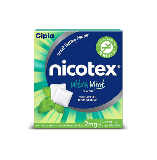 Cipla Nicotex Nicotine Sugar Free Ultra Mint Gums 2mg, 9 Gums each pack | Pack of 18