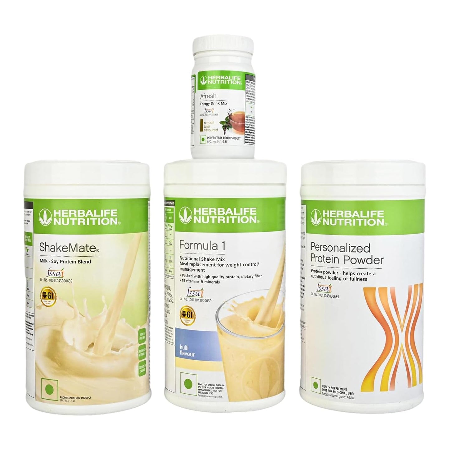 Herbalife Weight Loss Combo Formula 1 Shake Mix Kulfi Flavor With Protein Powder, Shake Mate Vanilla Flavor, Afresh Energy Drink Mix Tulsi Flavor, 1450 gm