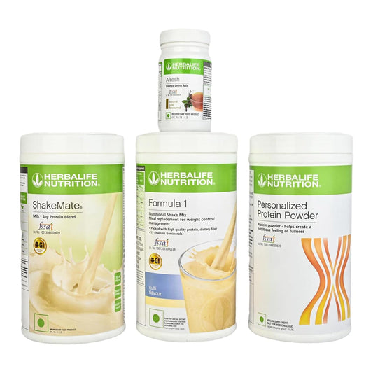 Herbalife Weight Loss Combo Formula 1 Shake Mix Kulfi Flavor With Protein Powder, Shake Mate Vanilla Flavor, Afresh Energy Drink Mix Tulsi Flavor, 1450 gm