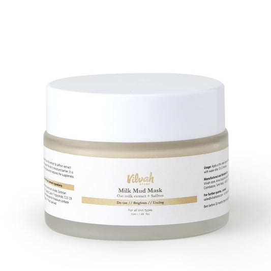 Vilvah Store Milk Mud Mask, De-Tan Pack, With Oat Milk, Saffron Extract and Kaolin Clay, Brightening and Tan Removal Cream, Sulphate Free, For All Skin Types, For Men & Women, 50ml