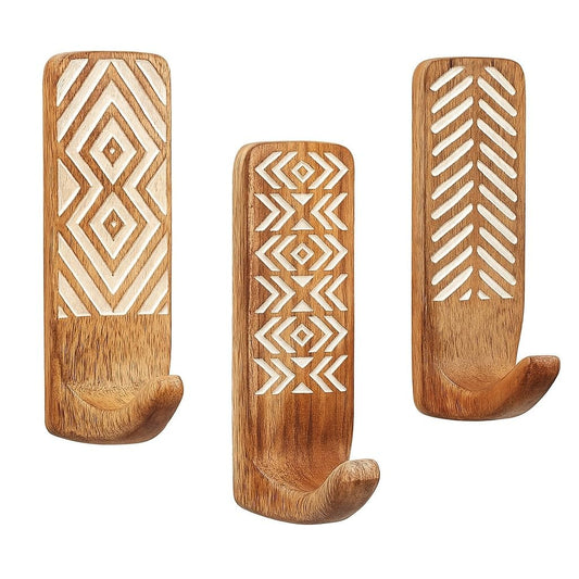 Indian-Shelf 3 Hook, 6 Strip No Damage Wood Wall Hooks- Adhesive Wall Hooks