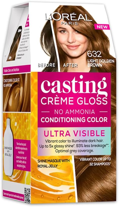 L’Oréal Paris Casting Creme Gloss Ultra Visible Hair Color With No Ammonia, Light Golden Brown 632, 100g + 60ml