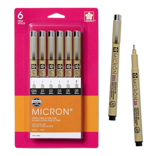 Sakura Pigma Micron Fineliner Pens - Archival Black Ink Pens - Pens for Writing, Drawing, or Journaling - Assorted Point Sizes - 6 Pack