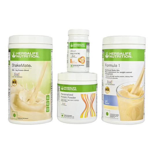 Herbalife Nutrition Weight Loss Combo | Formula 1 Kulfi Shake 500g, Personalized Protein Powder 200g, Afresh Energy Drink Peach 50g & ShakeMate 500g