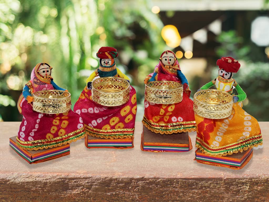 JH Gallery Handmade Recycled Material Rajasthani Raja Rani Puppet/Dolls Diyas Tealight/Diya/Diwali Diya/Idol Diyas Holders Gift for Diwali, Home Decor/Temple Decor (Pack of 2, Standing Tealight)