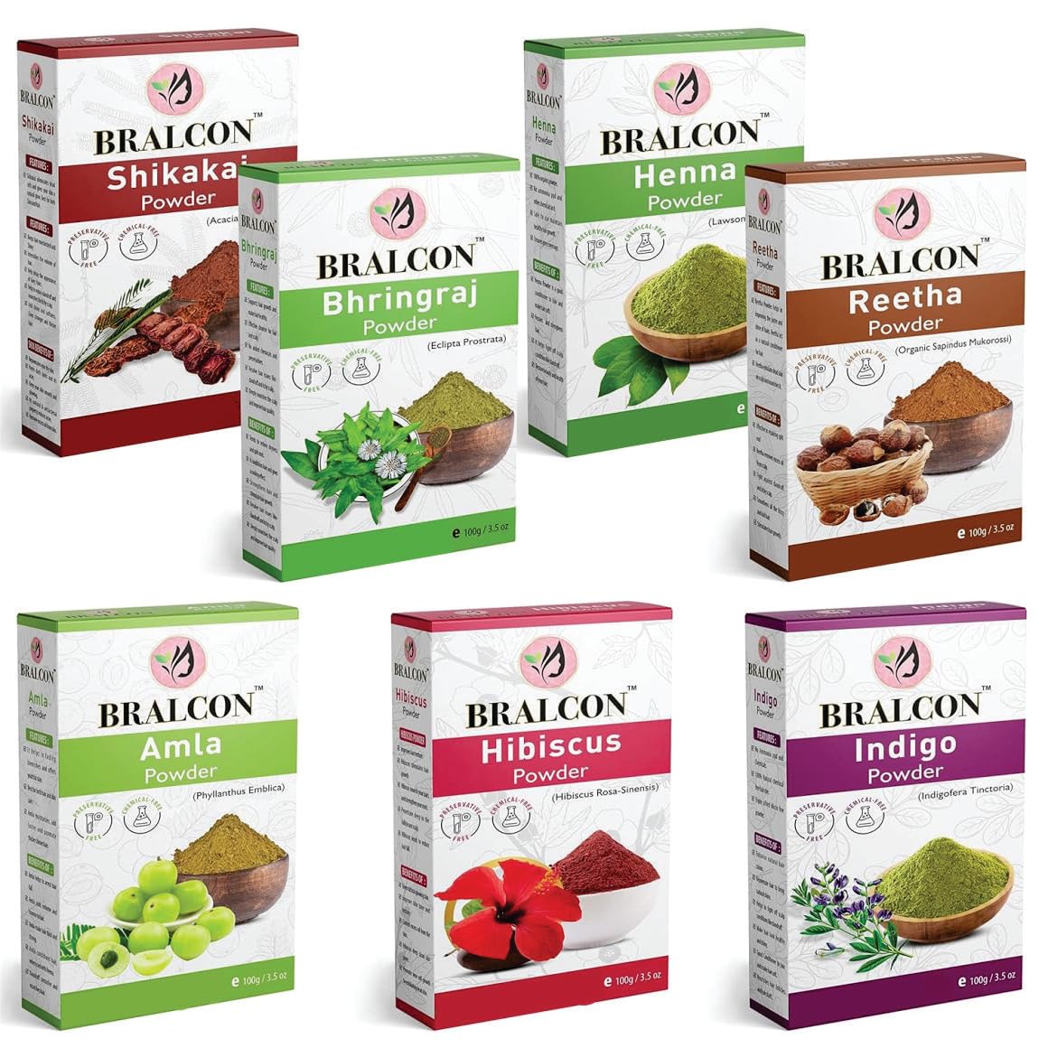 BRALCON Organic Amla Powder, Reetha Powder, Shikakai Powder, Bhringraj Powder, Hibiscus Powder, Henna Powder, Indigo Powder Combo-700g(100g x 7 Pack)| Skin & Hair Care Powder|Hair Growth, Face Pack