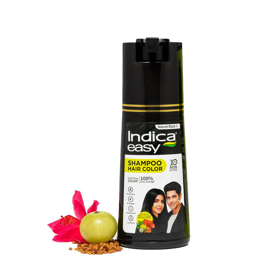 Indica Easy Do-It-Yourself Hair Color Shampoo Pump Pack with 5 Herbal Extracts and 100% Ammonia Free, Long Lasting Formula, 180 ML - Natural Black Colour (Gloves Included)