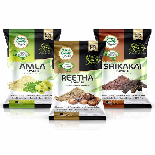 Online Quality Store Amla, Reetha, Shikakai Powder Combo Powder Pack For Hair R (Pack Of 3, Total 380G Pack), All Hair Type, Oily, Dry, Thick, Damaged, 3 Count