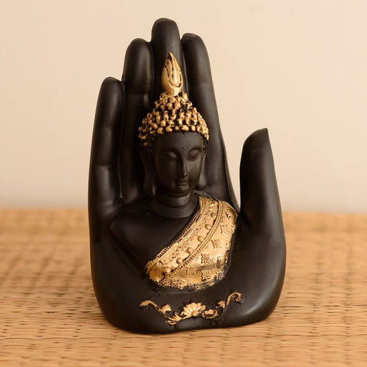 eCraftIndia Polyresin Golden Handcrafted Palm Buddha Polyresin Showpiece (12.5 cm x 7.5 cm x 17.5 cm, Black)