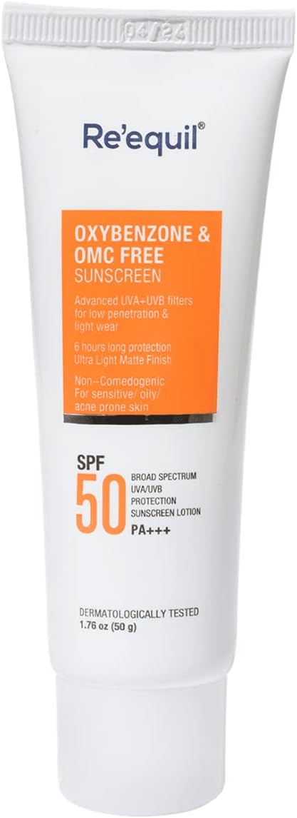 Re'Equil Oxybenzone and OMC Free Sunscreen For Oily, Sensitive & Acne Prone Skin, SPF 50 PA+++ - 50g