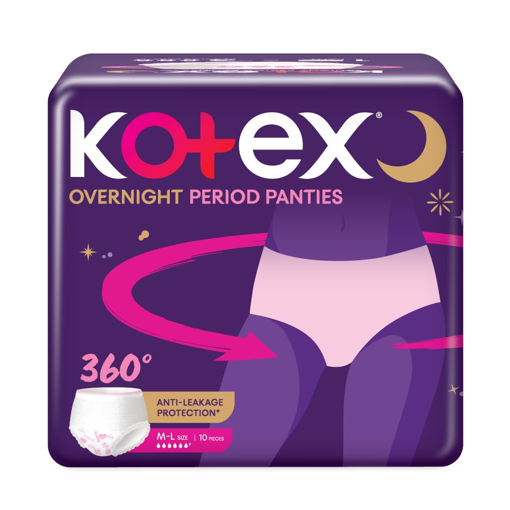 Kotex Overnight Period Panties (Medium/Large size, pack of 10 panties) for heavy flow period protection | with 360 degree anti-leakage design & airy-soft fabric | 1 panty = ~3 regular pads