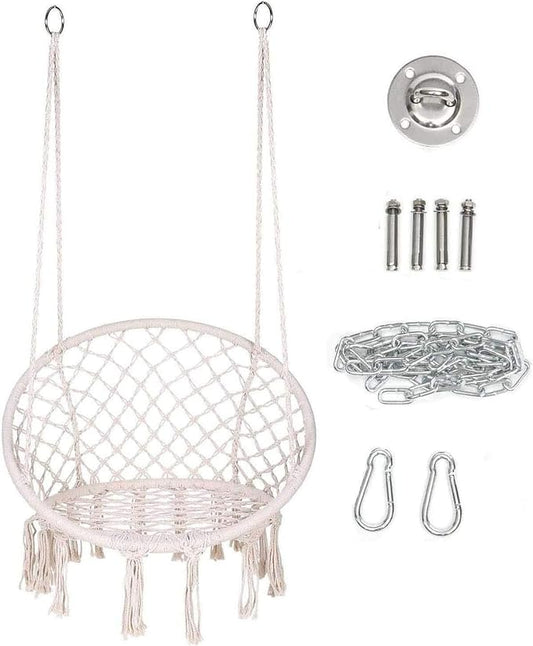 Hammock Chair Macrame Swing, Hanging Cotton Rope Macrame Hammock Swing Chair for Indoor, Outdoor Home,Max Weight: 260 Pounds (Beige)