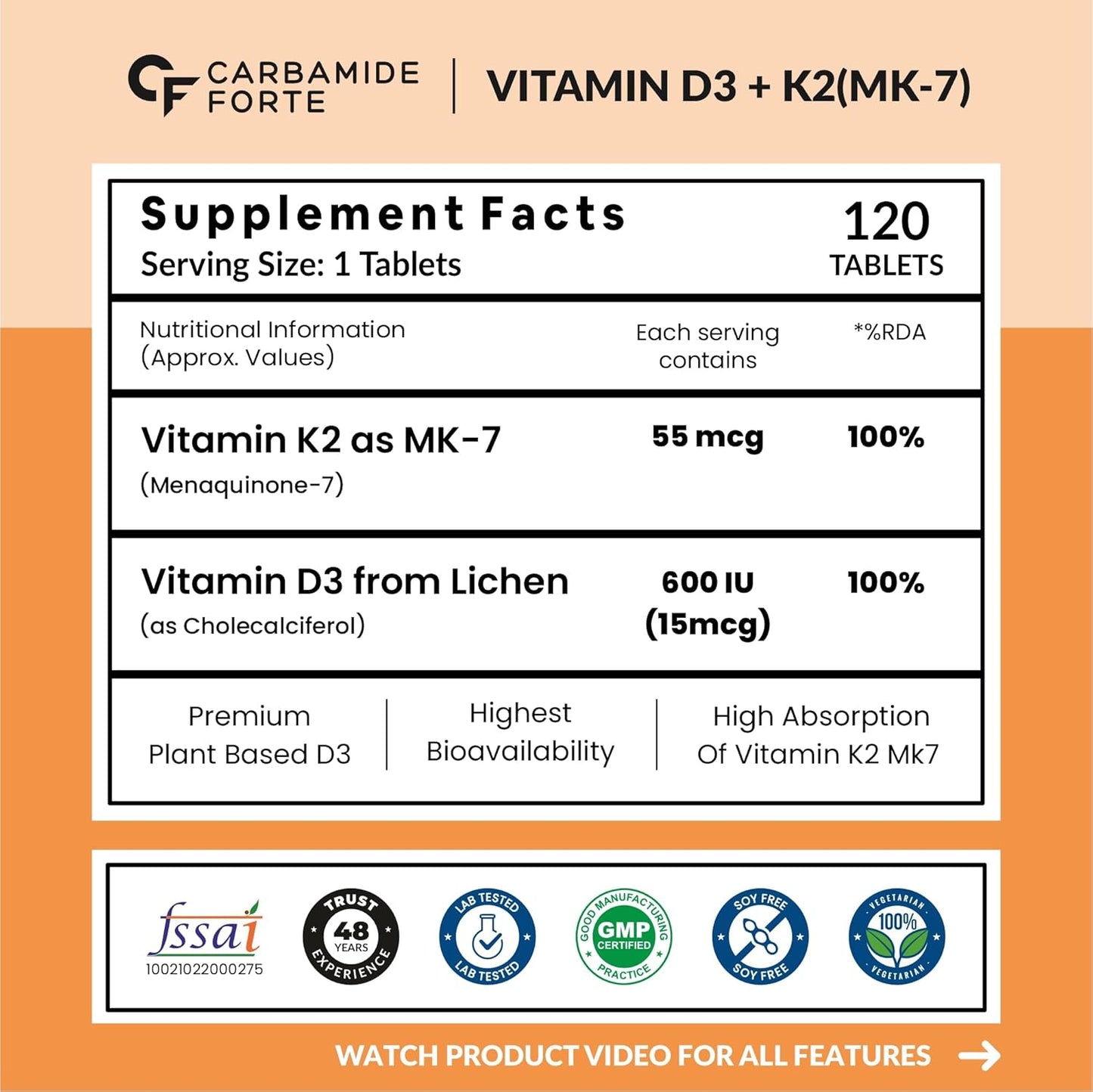 Carbamide Forte Vitamin D3 K2 Supplement for Bone & Heart Health-120 Veg Tablets