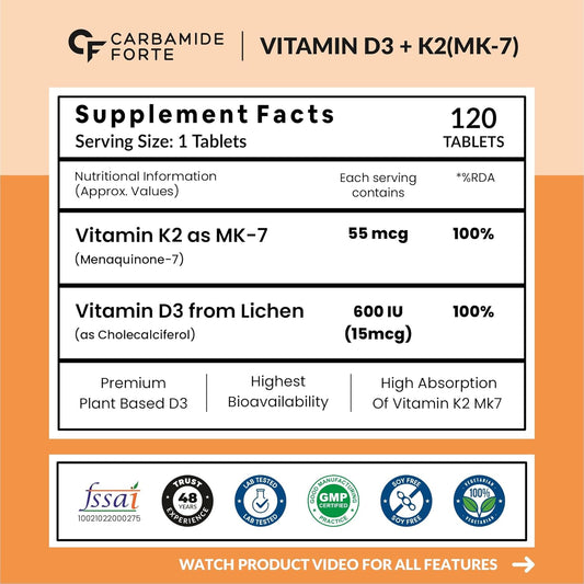 Carbamide Forte Vitamin D3 K2 Supplement for Bone & Heart Health-120 Veg Tablets