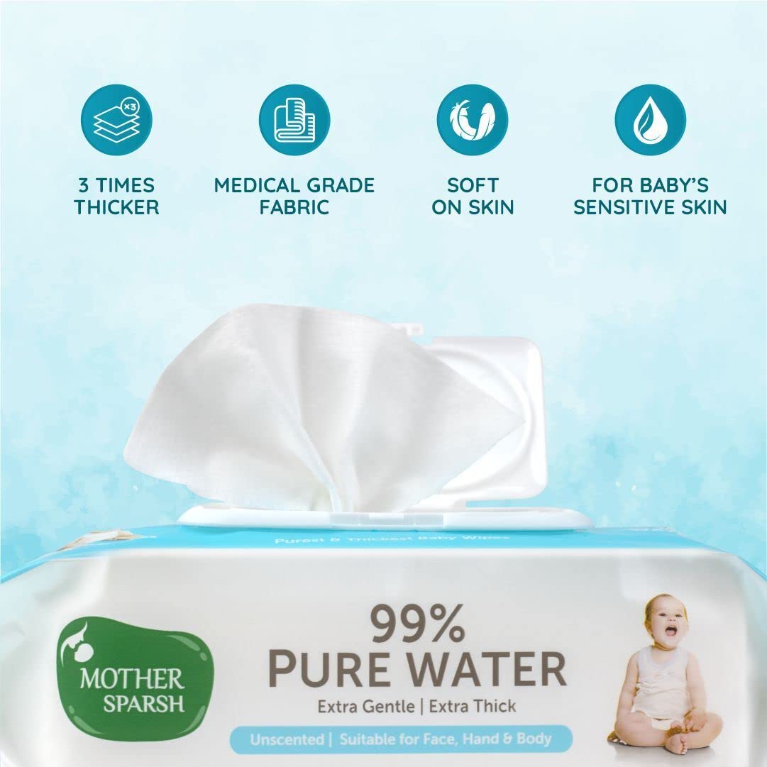 Mother Sparsh 99% Pure Water (Unscented) Baby Wipes, Super Thick I 72pcs/Pack - Pack Of 3