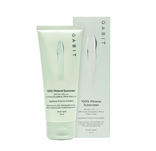 Gabit 100% Mineral Sunscreen SPF 50 PA++++ | Water & Sweat Resistant, UVA/B & Blue Light Protection | No White Cast | Vit E, Gooseberry, Winter Cherry | Normal, Oily, Dry Skin Types | Oil free |50ml