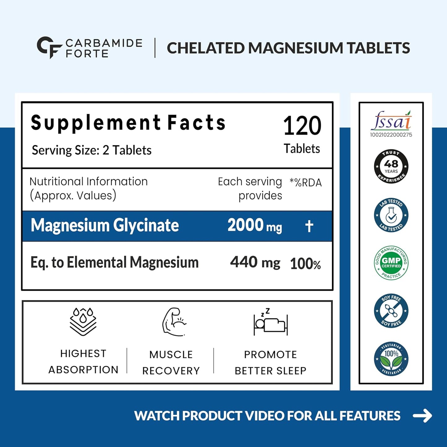 Carbamide Forte Chelated Magnesium Glycinate Supplement 2000mg Per Serving | Supports Muscle Recovery & Better Sleep - 120 Veg Tablets