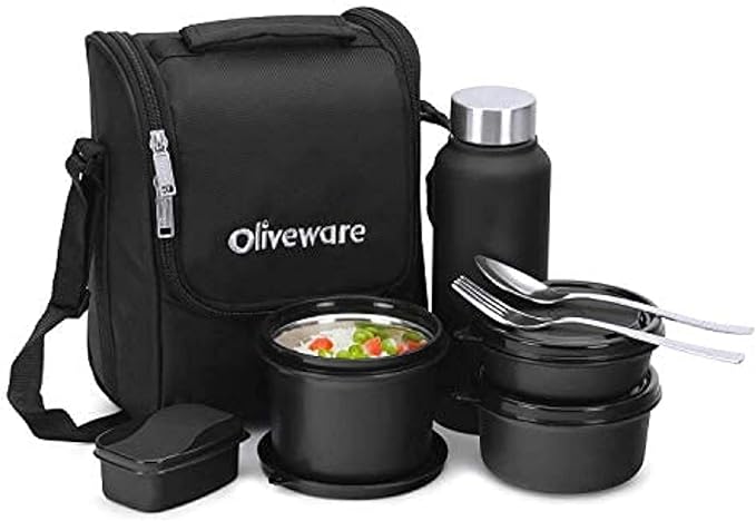 Oliveware Teso Pro Lunch Box | 3 Stainless Steel Containers | Plastic Pickle Box | Steel Spoon & Fork | Microwave Safe (Black)