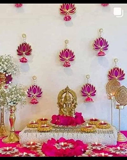 Divyakosh Handmade Wall Decor Lotus with jhumki Style Hanging, 6 Pcs - Pink/Raani