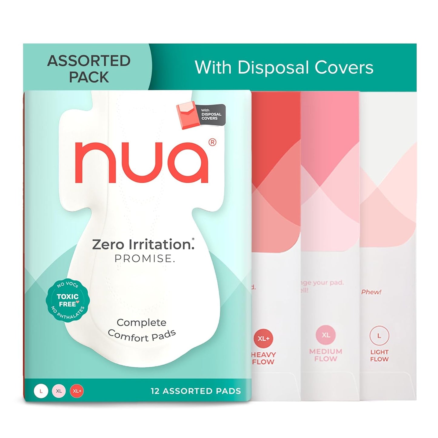 Nua Complete Comfort Sanitary Pads for Sensitive Skin | Pack of 12 Pads (3 Heavy Flow, 5 Medium Flow, 4 Light Flow) with Disposal covers | Zero Irritation