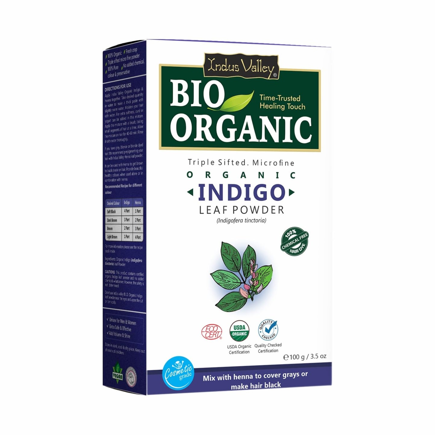 Indus Valley Bio-Organic 100% Herbal Indigo Powder for Natural Hair Color, Organic & Chemical-Free, Helps Protect Hair from Damage โ 100g