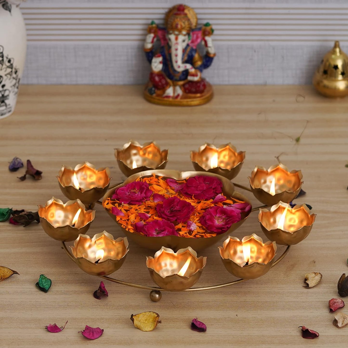 Webelkart Premium 9 Lotus Diya Shape urli Bowl for Home and Pooja Decorations, 12 Inches,Gold