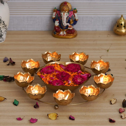 Webelkart Premium 9 Lotus Diya Shape urli Bowl for Home and Pooja Decorations, 12 Inches,Gold