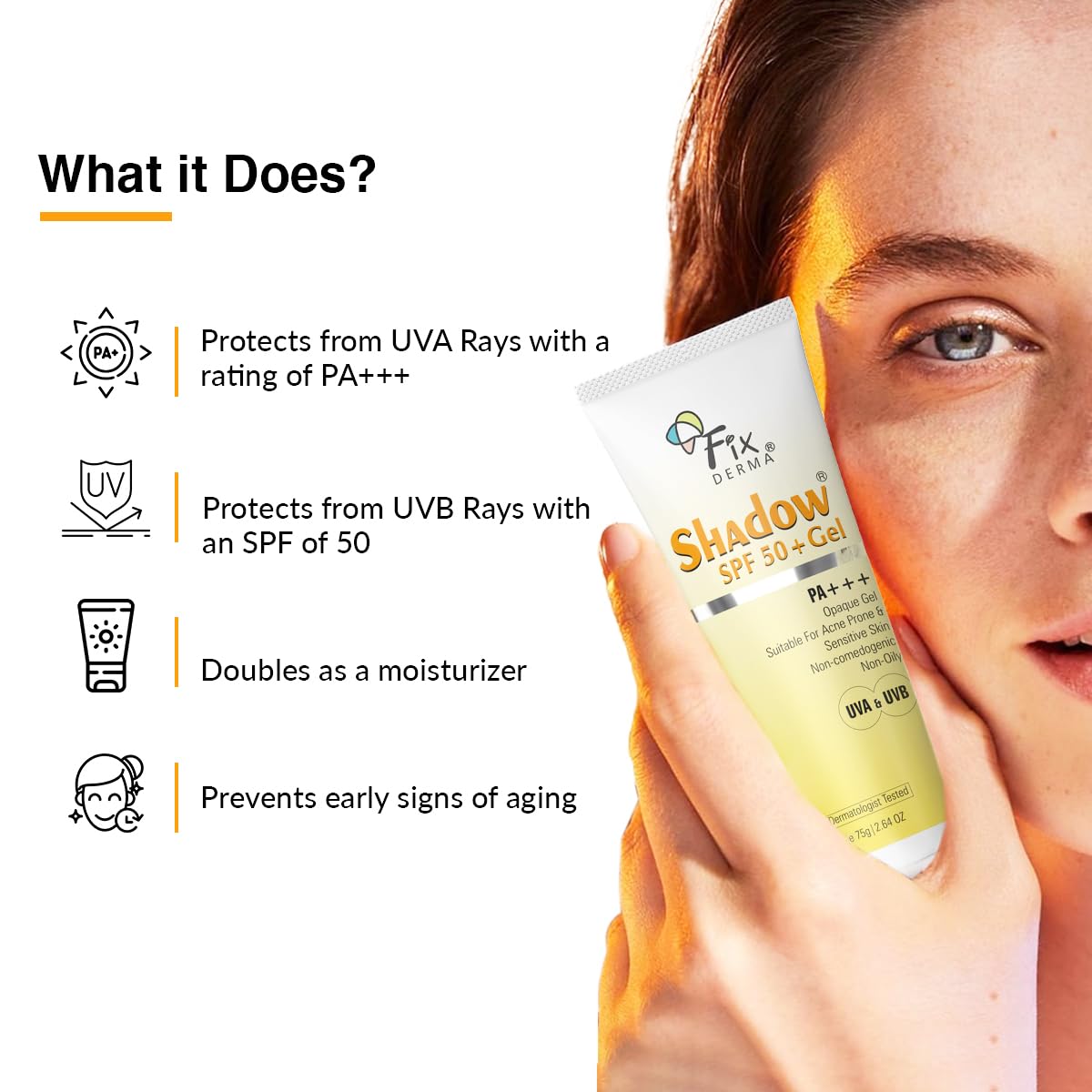 Fixderma Shadow Sunscreen Spf 50+ Pa+++ Gel Broad Spectrum Sunscreen For Uva & Uvb Protection 75gm