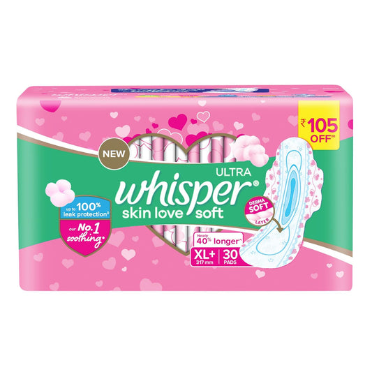 Whisper Ultra Soft Sanitary Pads for Women, XL+, Pack of 30 Napkins