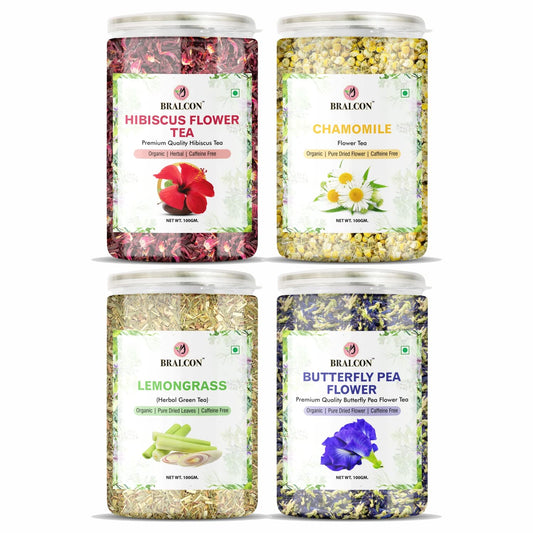 BRALCON Hibiscus Flower Tea,Butterfly Pea Flower Tea,Chamomile Flower Tea,Lemongrass Tea-400 gm