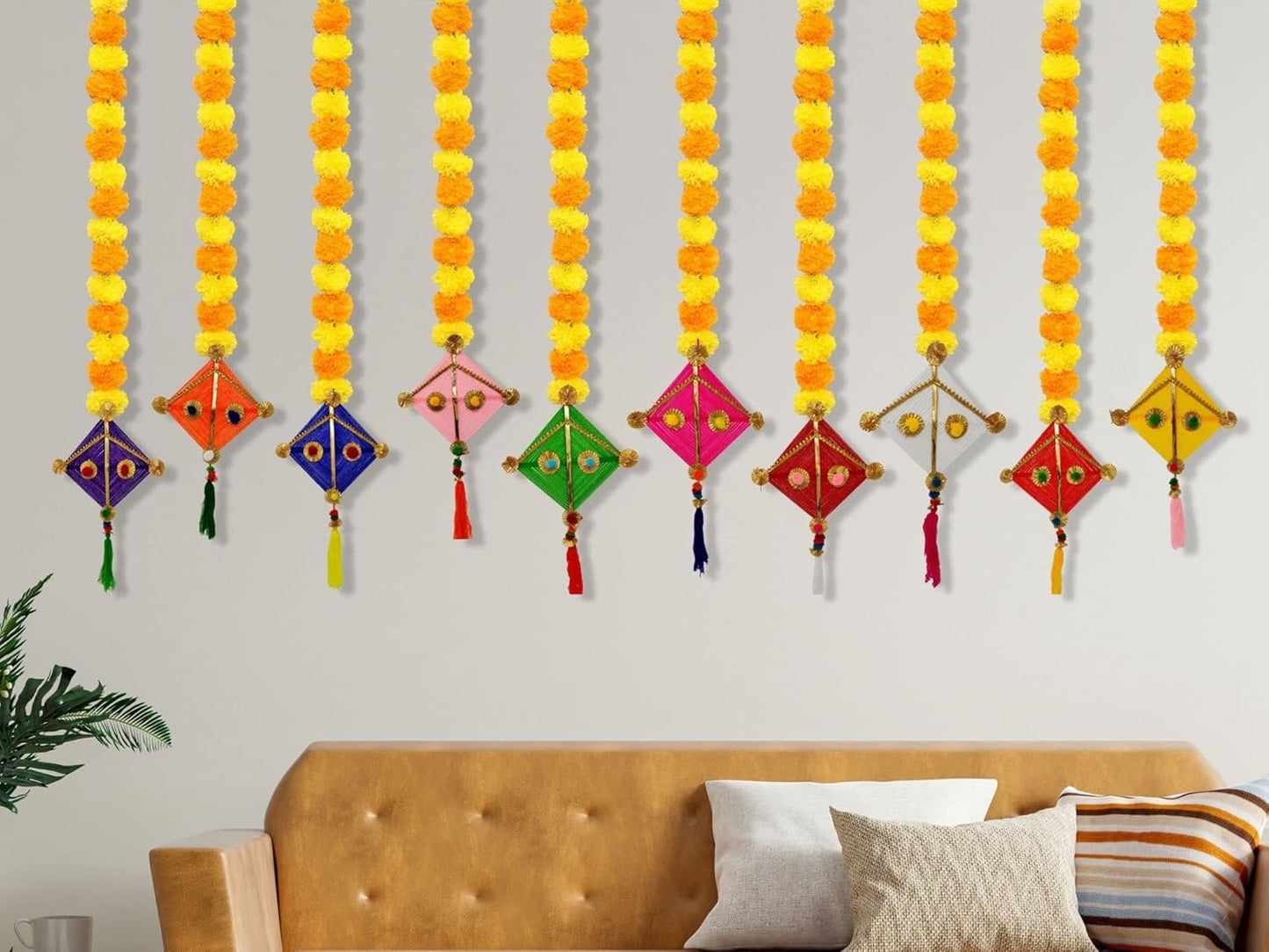 JH Gallery Handmade Artificial Marigold Fluffy Flowers Colorful Woolen Kite Hanging (42 Inches Height Approx.) (10)