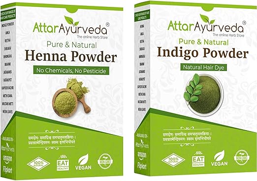 Attar Ayurveda Henna Leaves powder, Indigo leaves powder combo pack, 400 gm, Pack of 2