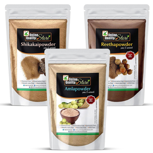 Online Quality Store Amla, Reetha, Shikakai Powder Combo powder Pack for Hair|reetha amla shikakai combo powder|hair shampoo family pack (Pack of 3 ,Total 2700g Pack)