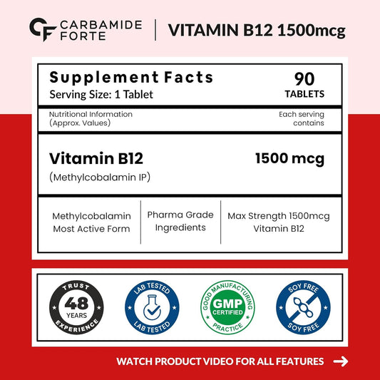 Carbamide Forte Vitamin B12 Tablets 1500 mcg -Active form of Methylcobalamin ,Men & Women- 90 Veg Tablets