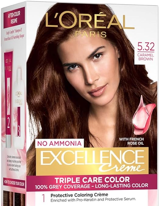 L’Oréal Paris Hair Colour, Radiant At-Home Hair Colour with up to 100% Grey Coverage, Excellence Creme, 5.32 Caramel Brown, 72ml+100g