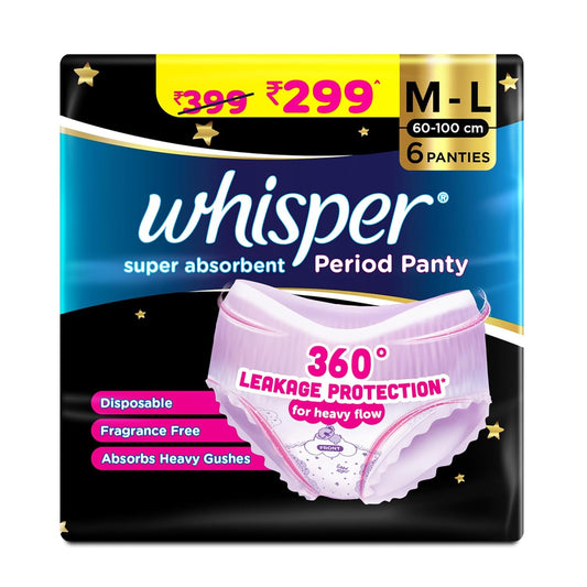 Whisper Super Absorbent Period Panty, 6 M-L Pants, 360 Degree Leakage Protection for Heavy Flow