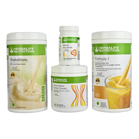 Herbalife Nutrition Weight Loss Combo | Formula 1 Mango Shake 500gm, Personalized Protein Powder 200gm, Afresh Energy Drink Lemon 50gm & ShakeMate 500gm