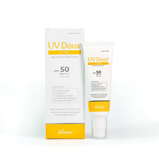 UV Doux D-Tan Aqua Sunscreen Lotion SPF 50 PA++++, With Niacinamide, Vitamin C, Hyaluronic Acid, 50 ml