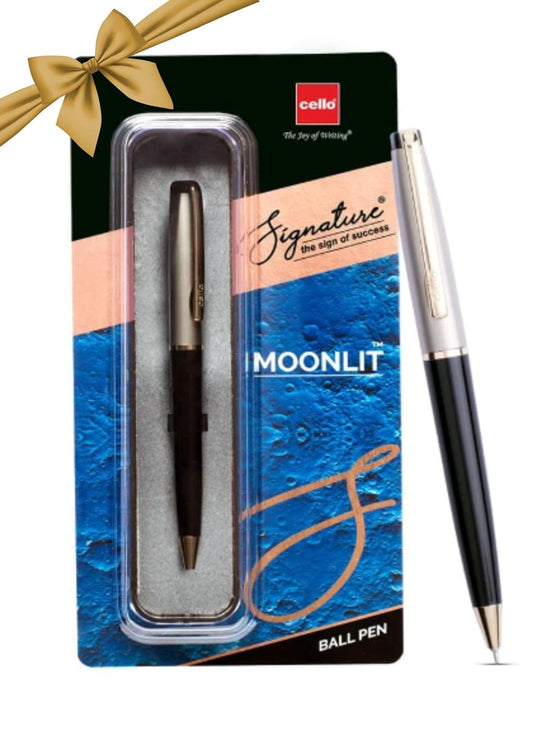 Cello Signature Moonlit Ball Pen , White Gold, Black & Gold Finish, Blue Ink