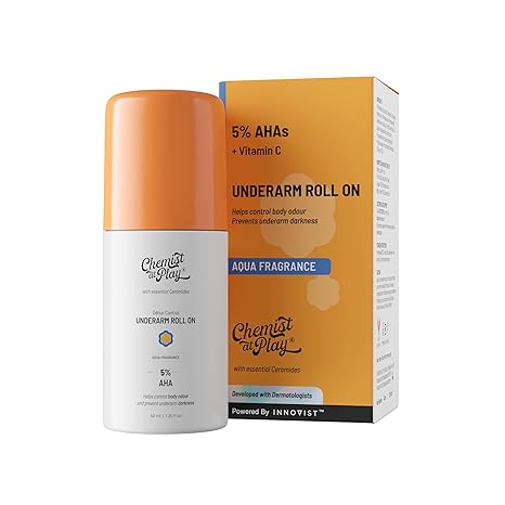 Chemist at Play UnderArm Roll-On with 5% AHA, Lactic Acid & 1% Mandelic Acid | Prevents Body Odour, Brightens Skin & Exfoliates Underarm , Aqua Fragrance ,40ml