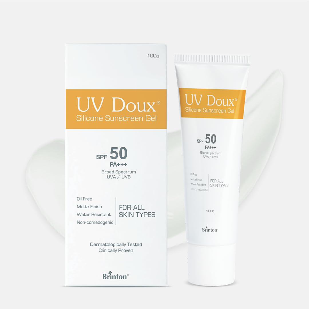 UV Doux Sunscreen Gel SPF 50 PA+++ | Broad Spectrum UVA & UVB | No White Cast | Benzene-Free | Dermatologist-Approved | Non-Comedogenic | Water-Resistant | For Oily, Acne & Sensitive Skin | 100 g
