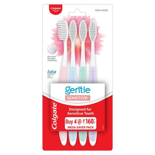 Colgate Gentle Sensitive Soft Bristles Manual Toothbrush, 4Pcs, Multi Colour