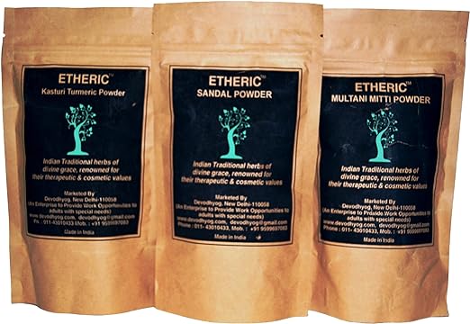 Etheric Sandal, Kasturi, Turmeric, Multani Mitti Combo Pack for Glowing Skin