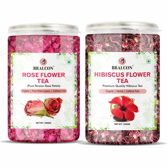 Bralcon Organic Herbal Tea Combo Pack - Hibiscus and Rose Flower 200 gm