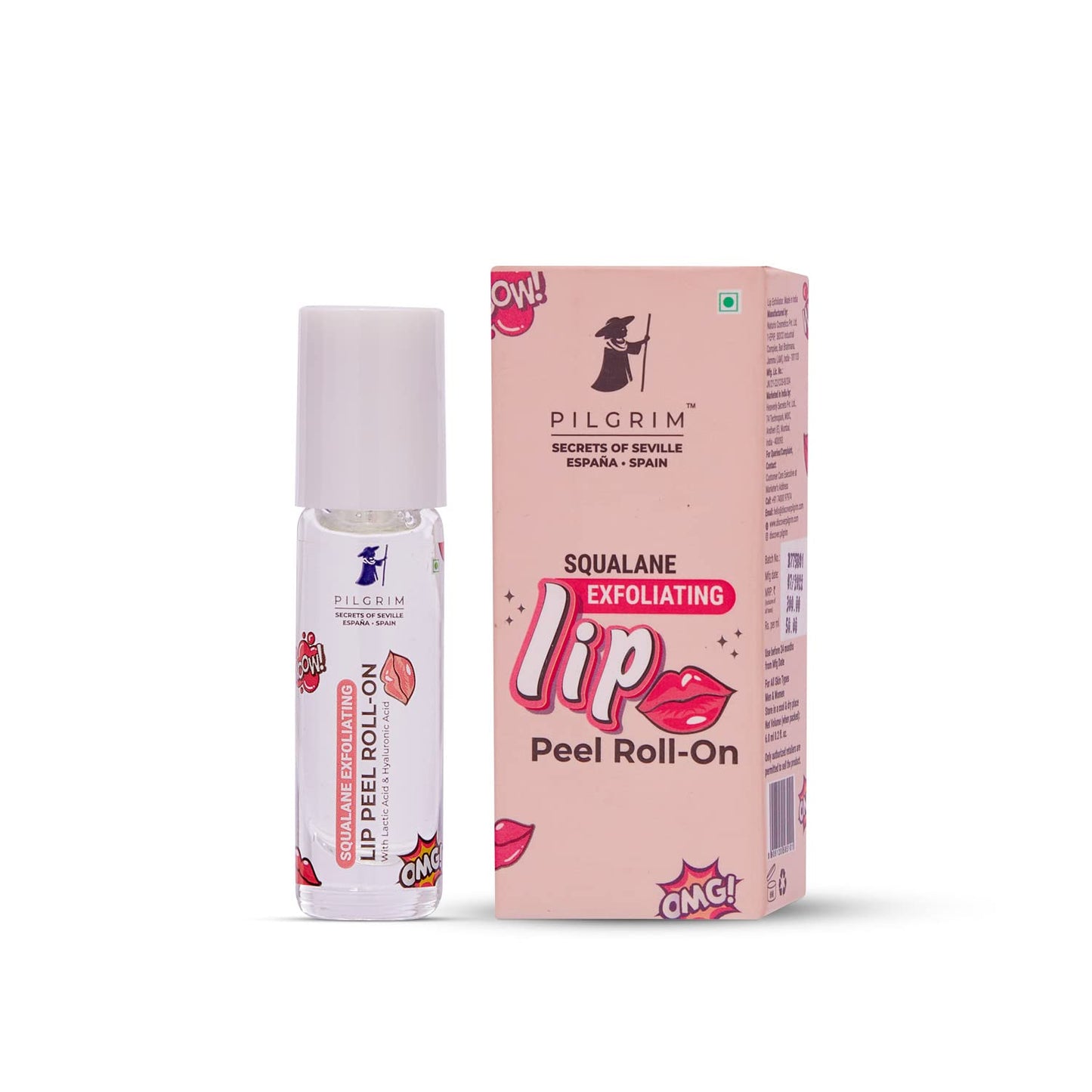 Pilgrim Spanish Squalane Lip Peel Roll-on with lactic acid & hyaluronic acid, 6 ml