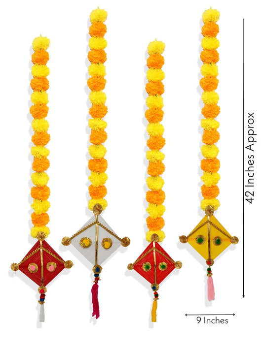 JH Gallery Handmade Artificial Marigold Fluffy Flowers Colorful Woolen Kite Hanging (42 Inches Height Approx.) (10)